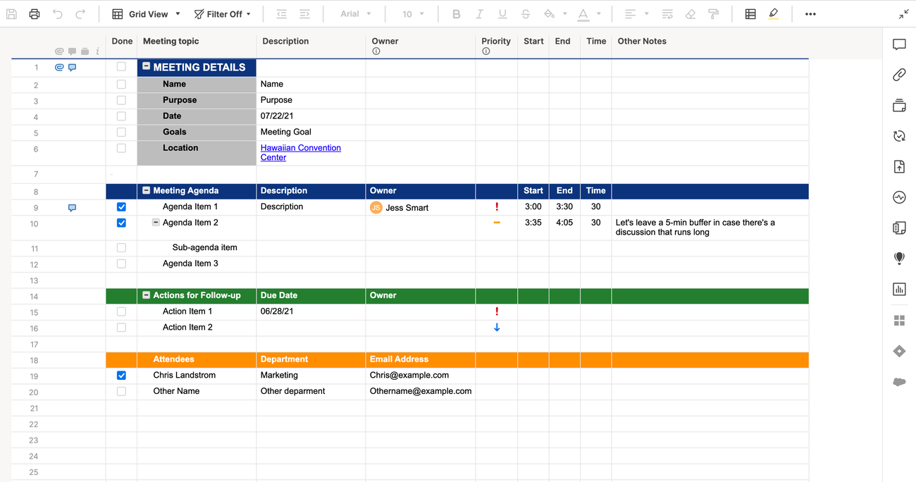 Meeting Agenda, Attendance & Follow Up Template | Smartsheet