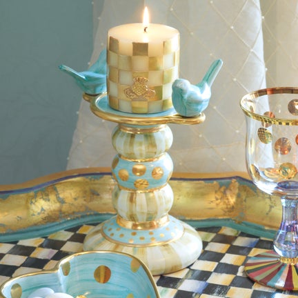 Parchment Stripe Bird Candlestick - Tall