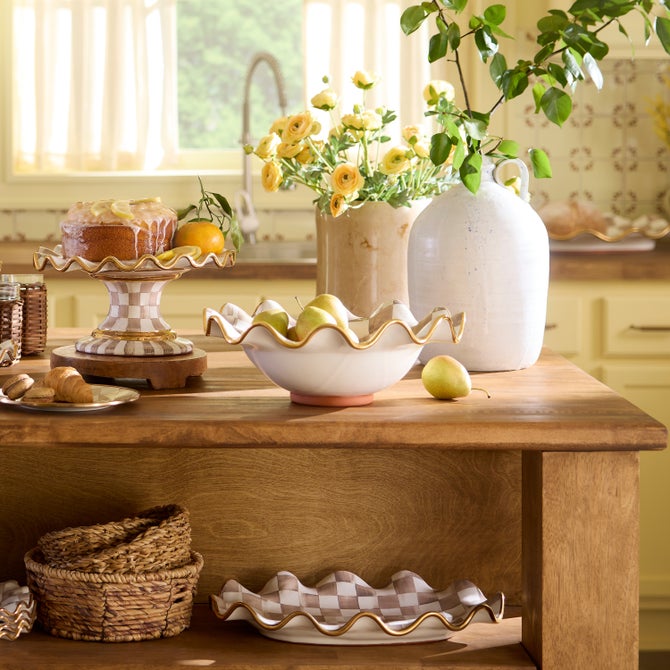 Mocha Check Ceramic Fluted Serving Bowl image number 1