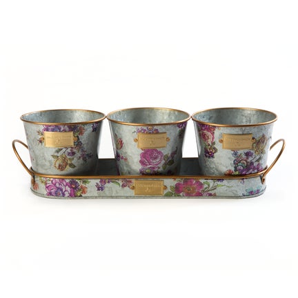 Flower Market Galvanized Herb Pots with Tray, Set of 3