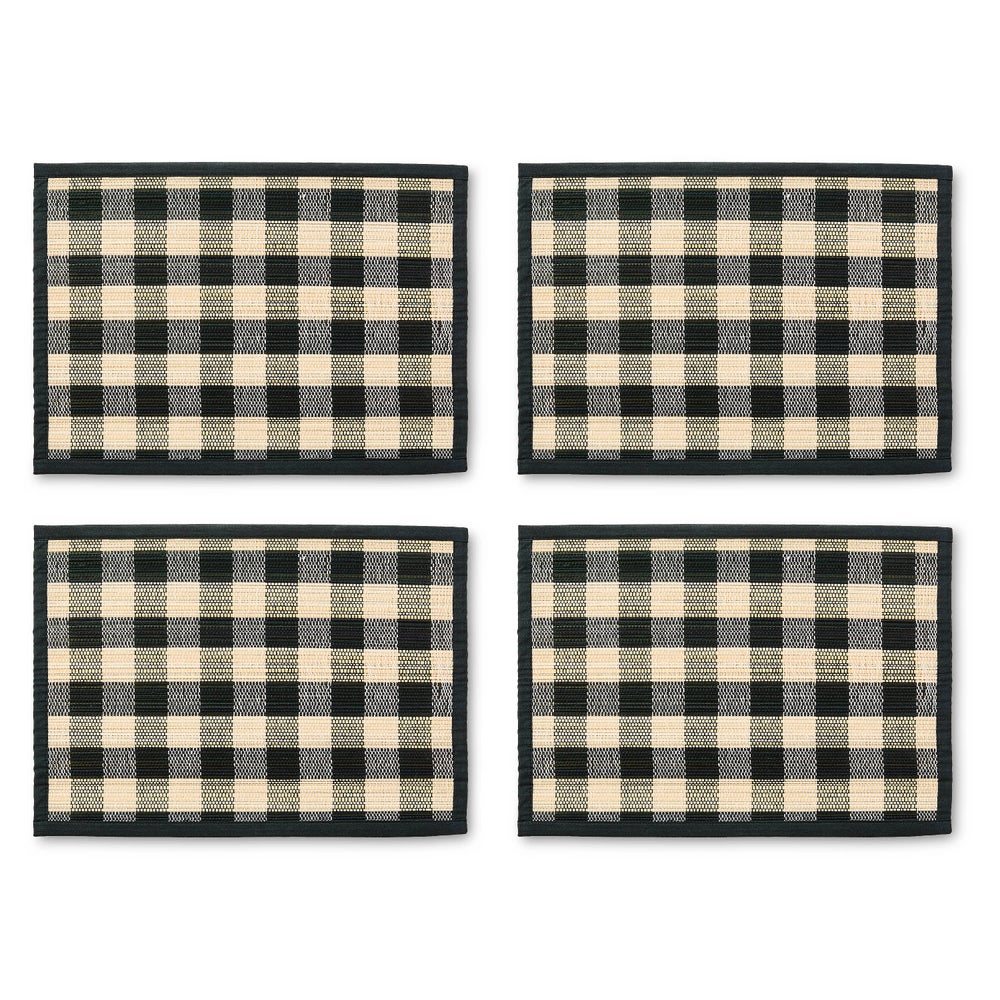 Blue Woven Check Straw Placemats, Set of 4 - Black mackenzie-childs Panama imagen 1