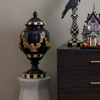 Haunted House Gold Floral Black Pedestal Urn