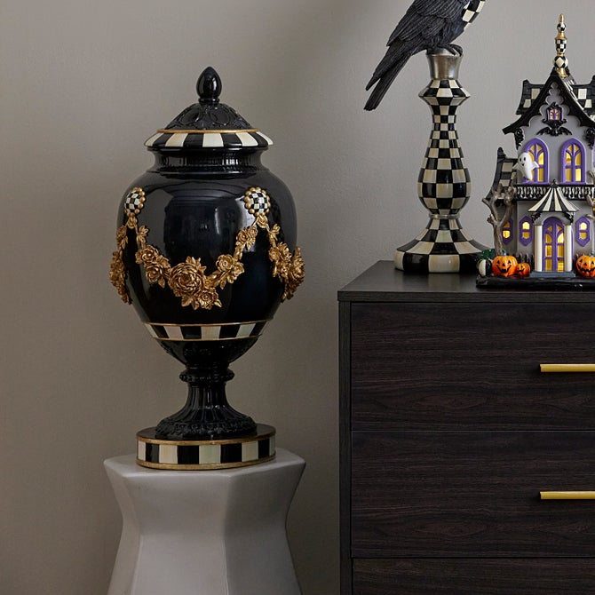 Haunted House Gold Floral Black Pedestal Urn image number 1