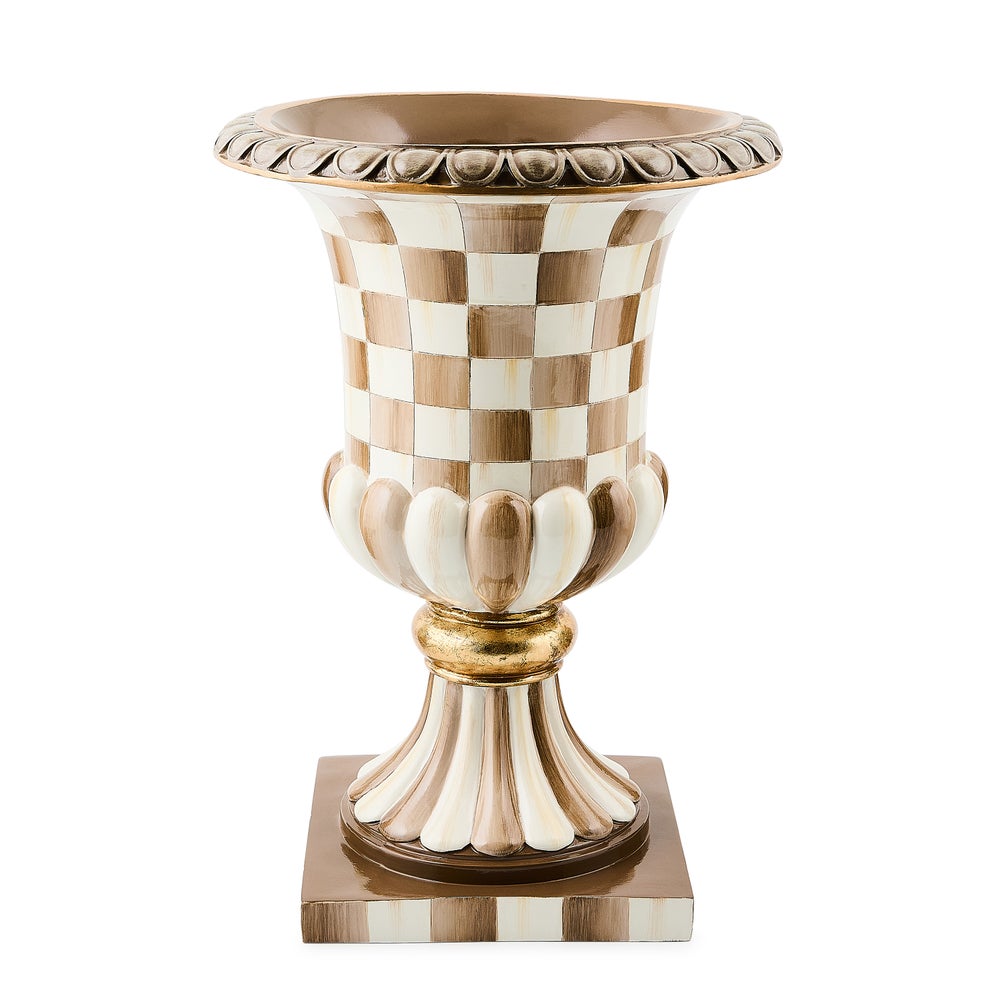 Mocha Check Tabletop Pedestal Urn mackenzie-childs Panama imagen 1 Mocha Check Tabletop Pedestal Urn mackenzie-childs Panama imagen 1