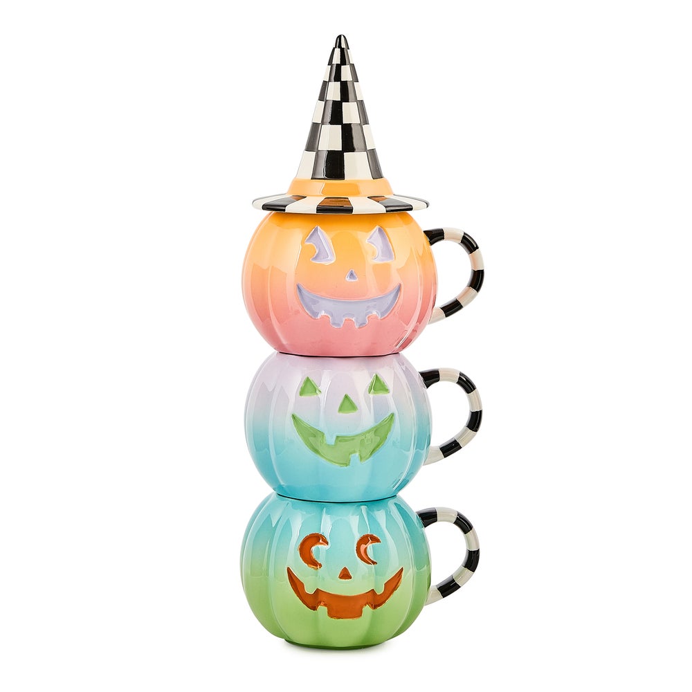 Trick or Treat Lidded Pumpkin Mug Tower, Set of 3 mackenzie-childs Panama imagen 1 Trick or Treat Lidded Pumpkin Mug Tower, Set of 3 mackenzie-childs Panama imagen 1
