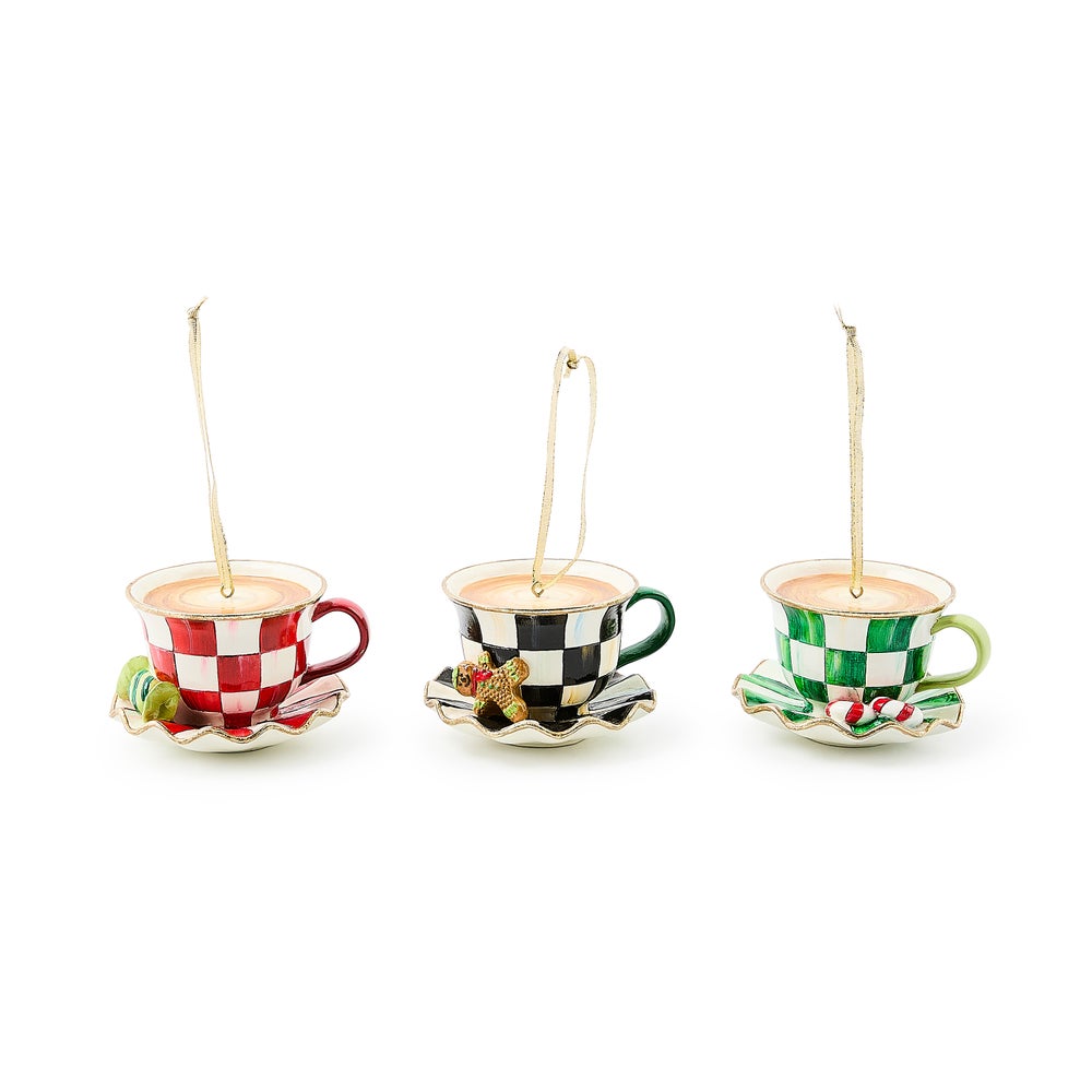 Check It Out Teacup Ornaments, Set of 3 mackenzie-childs Panama imagen 1 Check It Out Teacup Ornaments, Set of 3 mackenzie-childs Panama imagen 1
