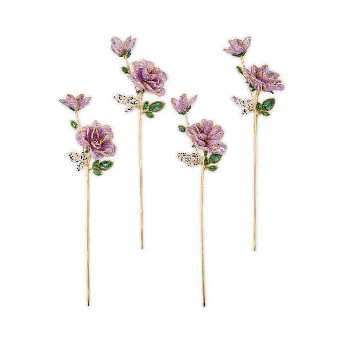 Purple Rose Beaded Flower Stems, Set of 4 image number 0