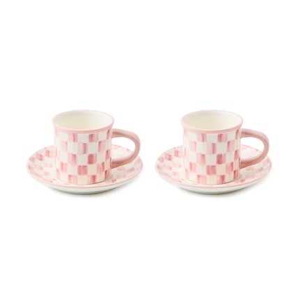 Rosy Check Espresso Cup & Saucer, Set of 2