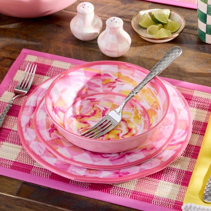 Pink Marble Check Melamine Dinner Plates, Set of 4