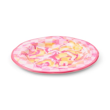 Pink Marble Check Melamine Dinner Plates, Set of 4