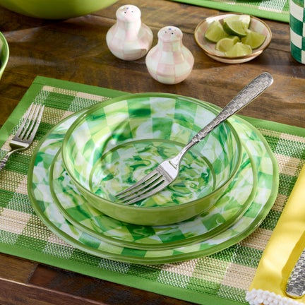 Green Marble Check Melamine Dinner Plates, Set of 4