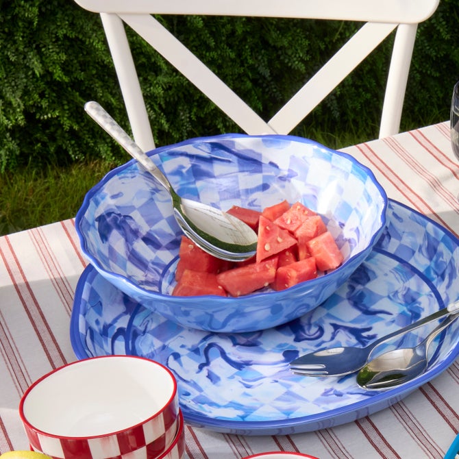 Blue Marble Check Melamine Serving Bowl image number 3