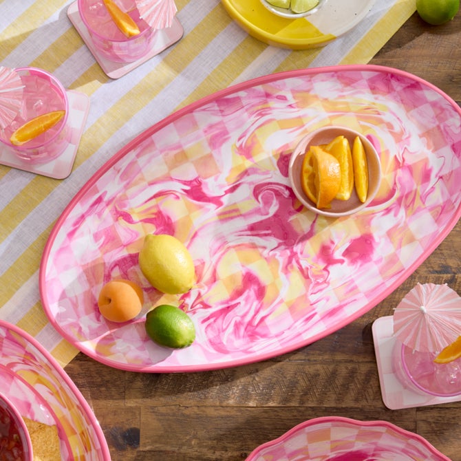 Pink Marble Check Melamine Oval Platter image number 1