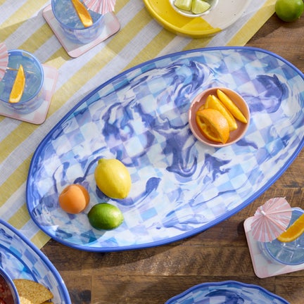 Blue Marble Check Melamine Oval Platter
