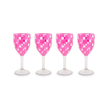 Pink Check Acrylic Wine Goblets, Set of 4