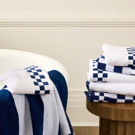 Bath Towel with Navy Check Border