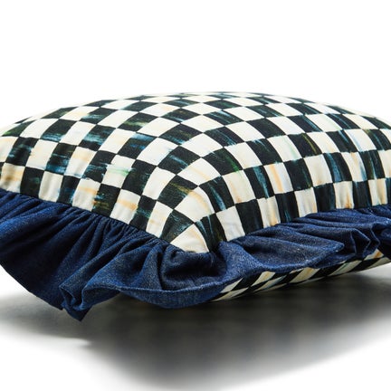 Courtly Check With Denim Ruffle Lumbar Throw Pillow