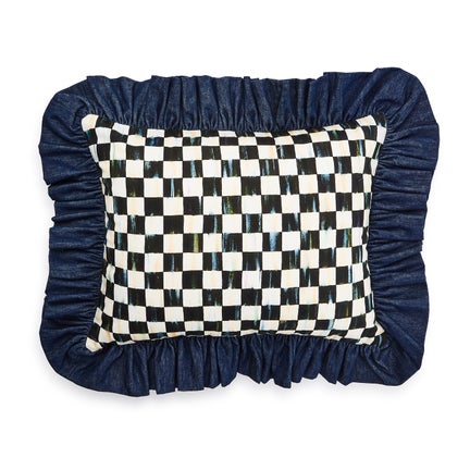 Courtly Check With Denim Ruffle Lumbar Throw Pillow