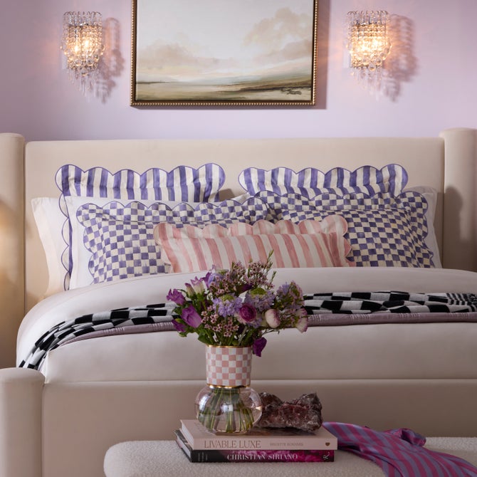 Violet Check Reversible Scalloped Lumbar Throw Pillow image number 2