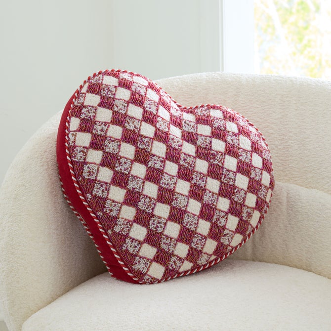 Red and White Check Heart Shaped Throw Pillow image number 1