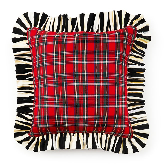 Red Tartan & Stripe Ruffle Pillow image number 1