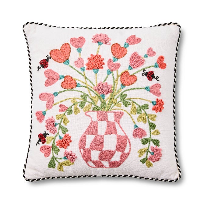 Pink Check Hearts Bouquet Throw Pillow image number 0