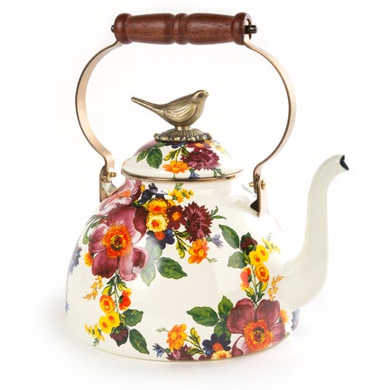 White Flower Market 3 Quart Tea Kettle with Bird