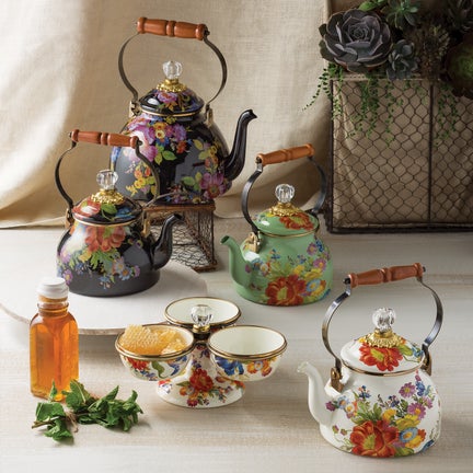 Black Flower Market 2 Quart Tea Kettle