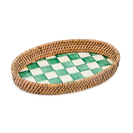 Emerald Check Enamel & Rattan Small Tray Emerald Check Enamel & Rattan Small Tray