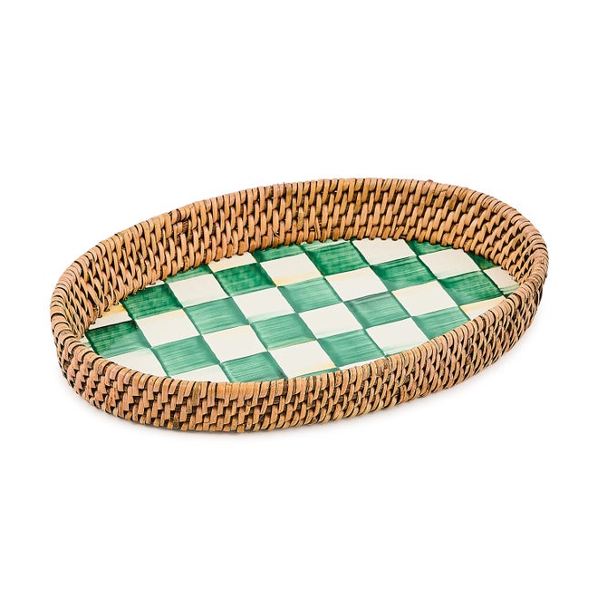 Emerald Check Enamel & Rattan Small Tray image number 0