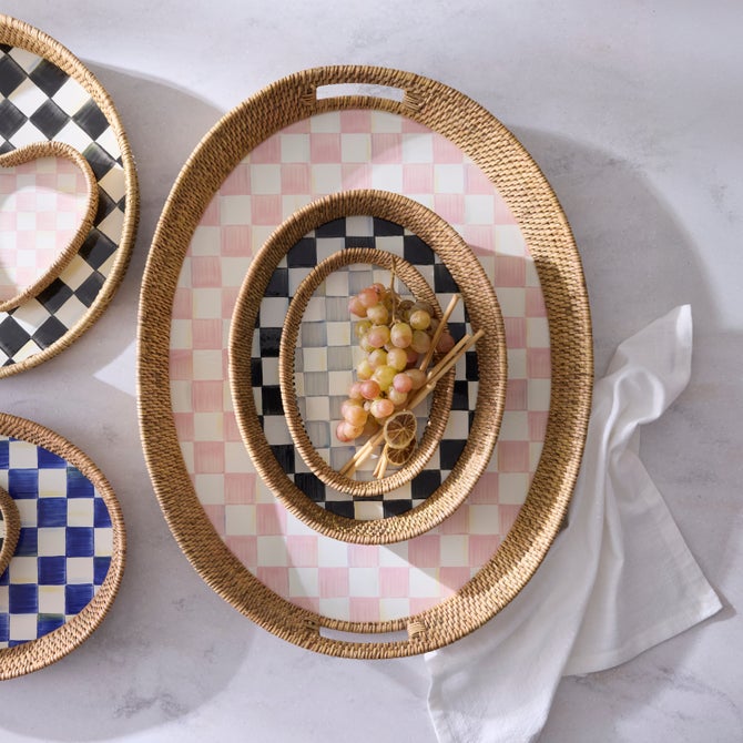 Sterling Check Small Enamel & Rattan Serving Tray image number 1