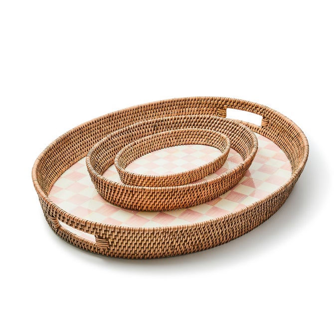 Rosy Check Small Enamel & Rattan Serving Tray image number 1