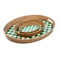 Emerald Check Enamel & Rattan Large Tray