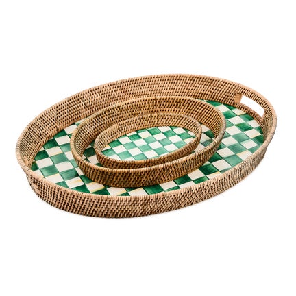 Emerald Check Enamel & Rattan Large Tray Emerald Check Enamel & Rattan Large Tray