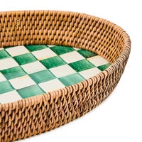 Emerald Check Enamel & Rattan Large Tray
