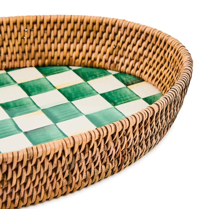 Emerald Check Enamel & Rattan Large Tray image number 2