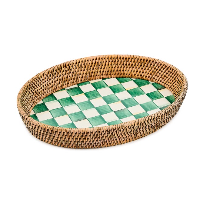 Emerald Check Enamel & Rattan Large Tray image number 0
