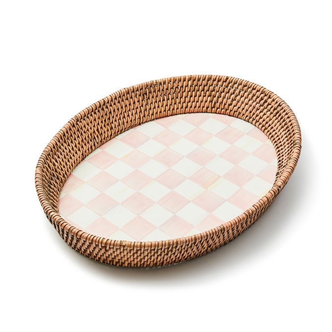 Rosy Check Large Enamel & Rattan Serving Tray image number 0