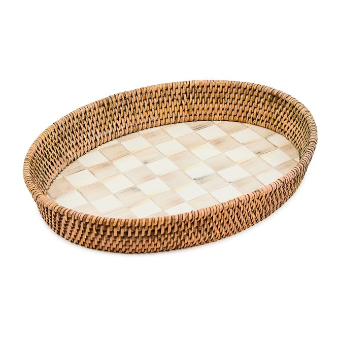 Mocha Check Enamel & Rattan Large Tray image number 0