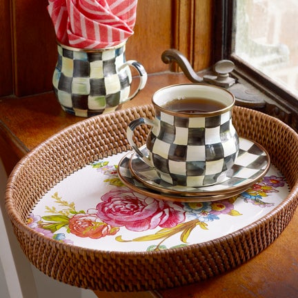 Flower Market Large Rattan & Enamel Tray - White