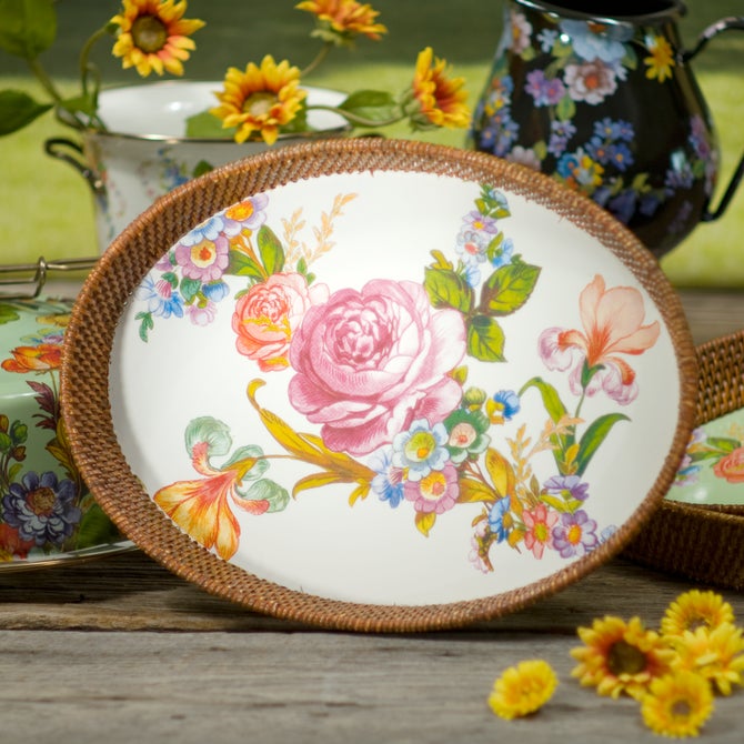 Flower Market Large Rattan & Enamel Tray - White image number 2