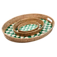Emerald Check Enamel & Rattan Party Tray