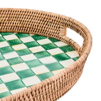 Emerald Check Enamel & Rattan Party Tray