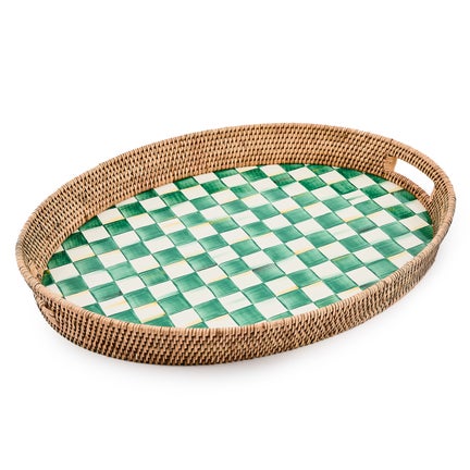 Emerald Check Enamel & Rattan Party Tray Emerald Check Enamel & Rattan Party Tray
