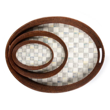 Sterling Check Rattan & Enamel Party Serving Tray