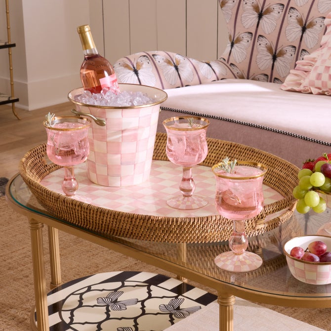 Rosy Check Enamel & Rattan Party Tray image number 1