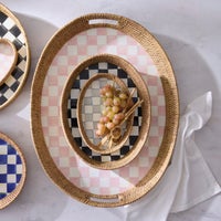 Rosy Check Enamel & Rattan Party Tray