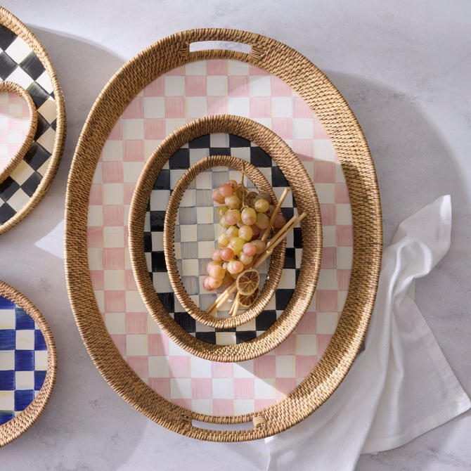 Rosy Check Enamel & Rattan Party Tray image number 3