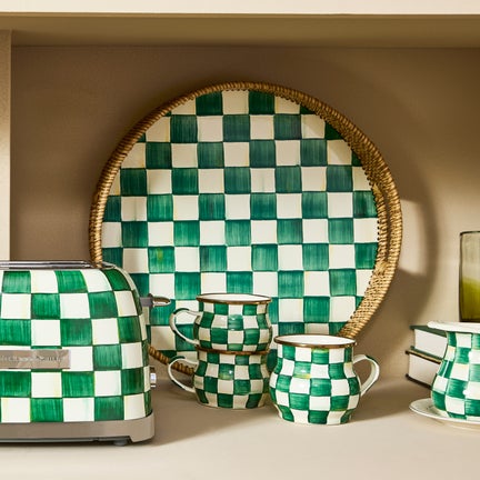 Emerald Check Enamel & Rattan Round Serving Tray