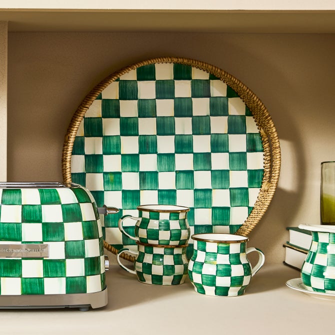 Emerald Check Enamel & Rattan Round Serving Tray image number 1